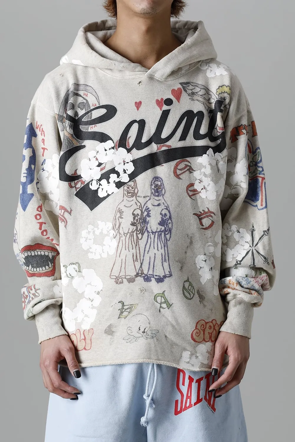 DENIM TEARS × ©SAINT M×××××× "SAINT TEARS" Graffiti Hoodie Joint Model Cotton Graffiti Hoodie Fully Printed Washed Distressed Holes Vintage Sweatshirt Gray S-XL Super Heavy Duty! The whole piece is printed with 35 screens and counterpoint printing!